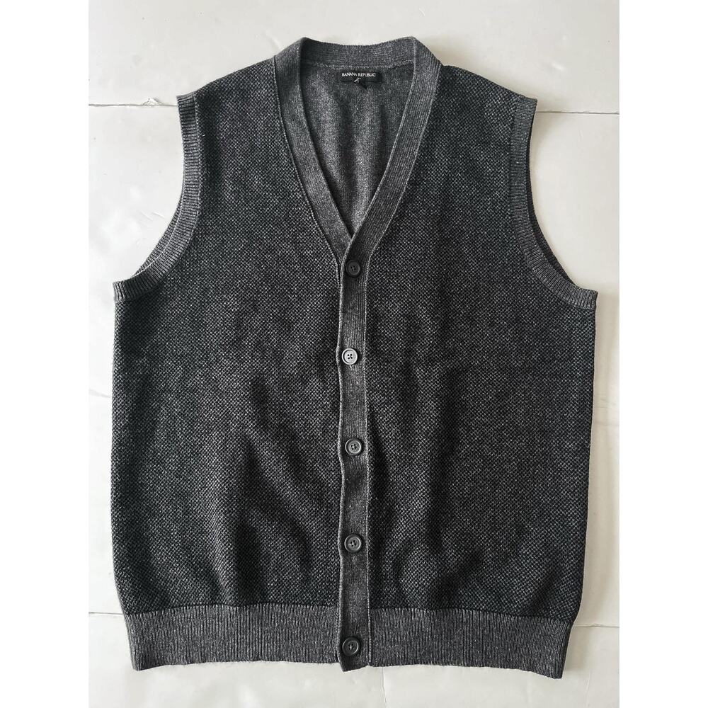 Banana Republic Sweater Vest Men XL Gray Cotton Wool V Neck Button Front Knit